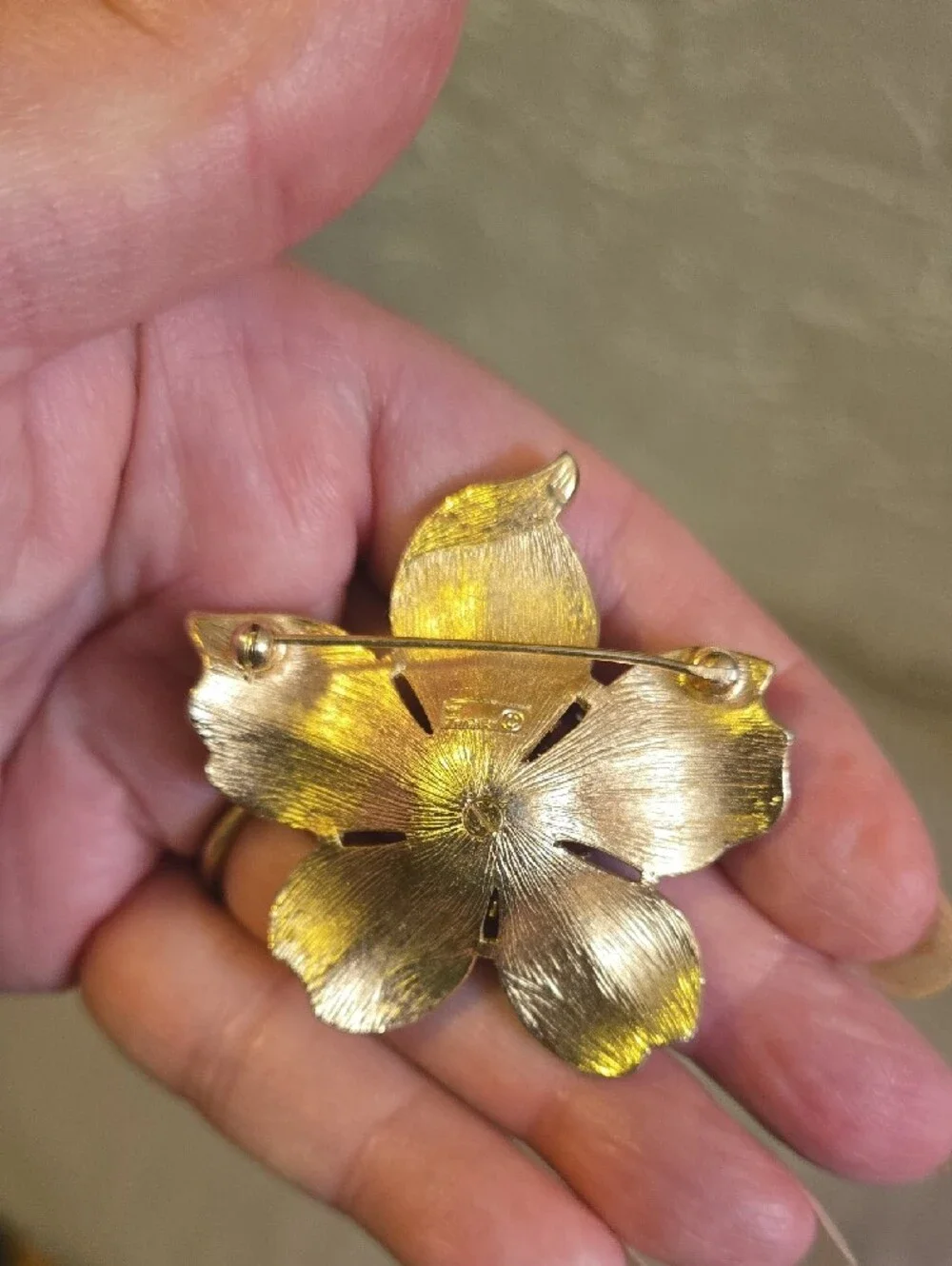 Gold-Trim White Enamel Floral Brooch with Blue Accent Beads